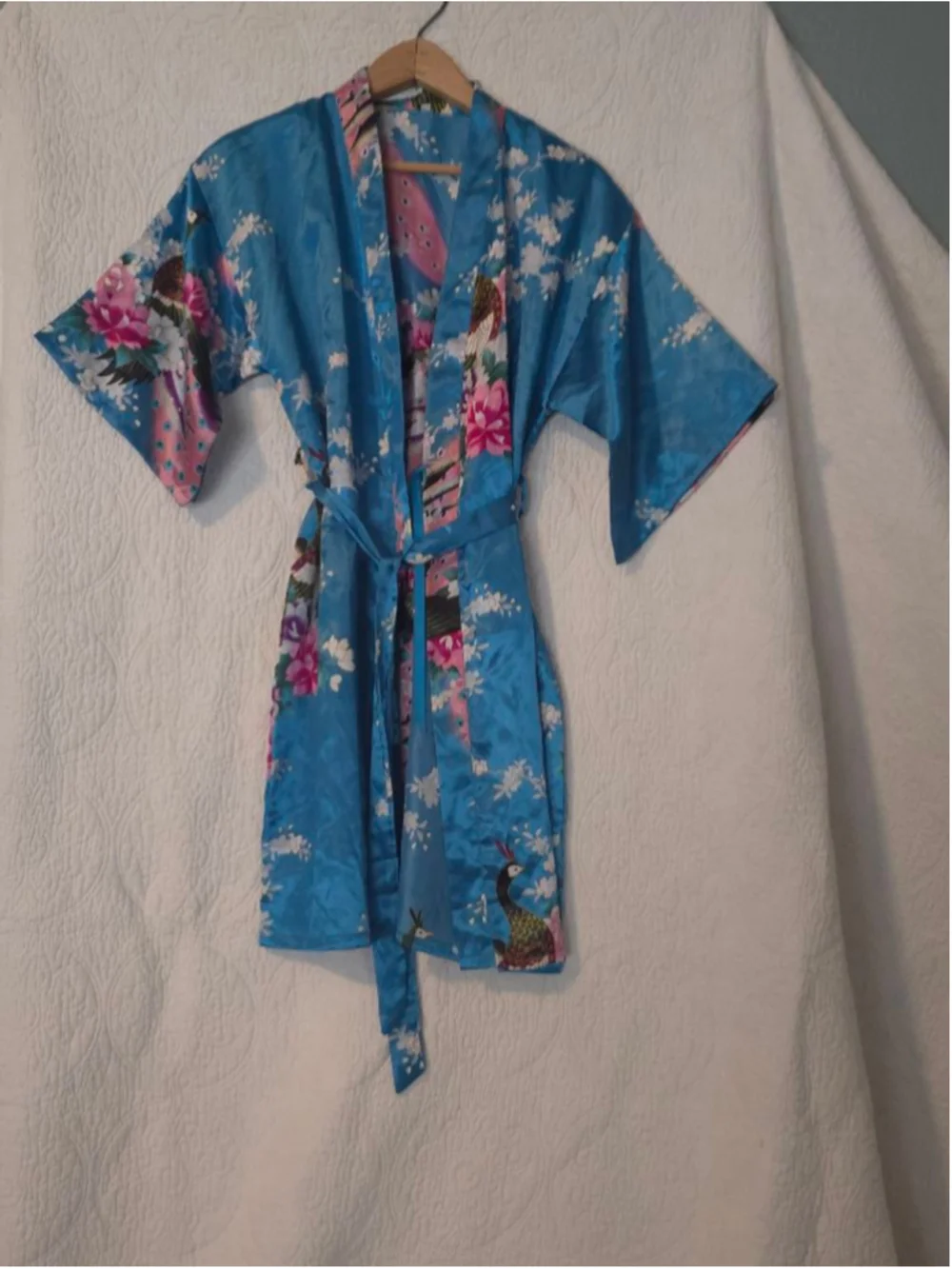 Teal Blue & Pink Satin Floral Peacock Kimono Robe Large Regency Special Occasion